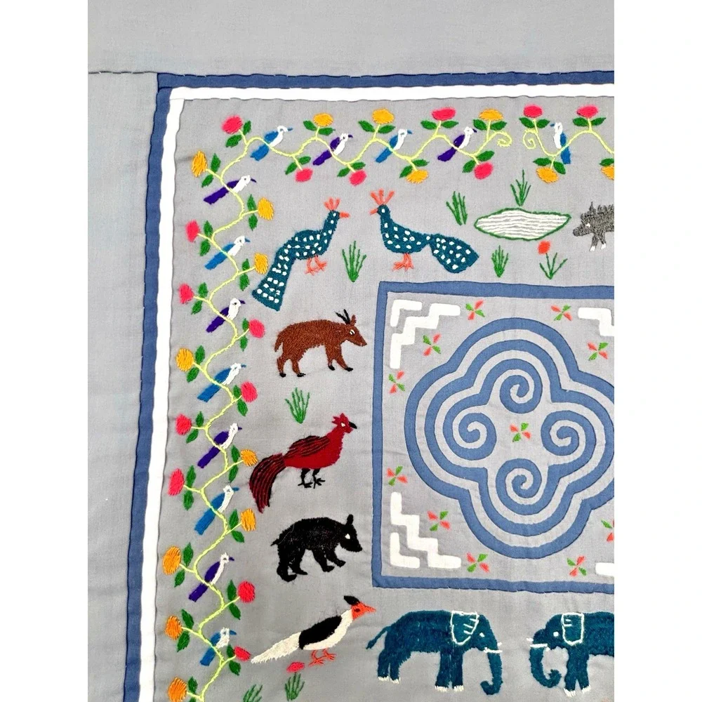 Vintage Hmong Hand Embroidered Story Cloth Tapestry Matching Set of 2 17.5x17.5